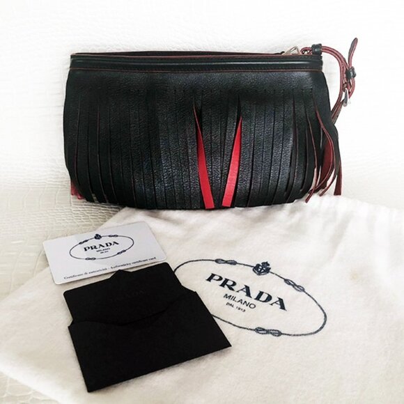 RARE, AUTHENTIC Black & Red Prada Fringe Leather Wristlet NWT - Picture 1 of 9